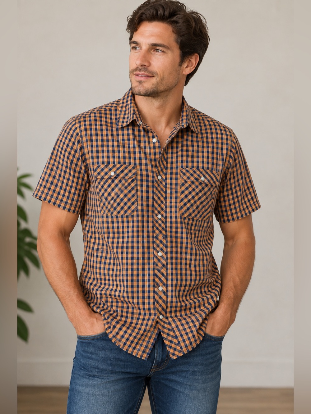 Mountain Ridge Men’s Large Orange Navy Gingham Short Sleeve Snap Button Shirt